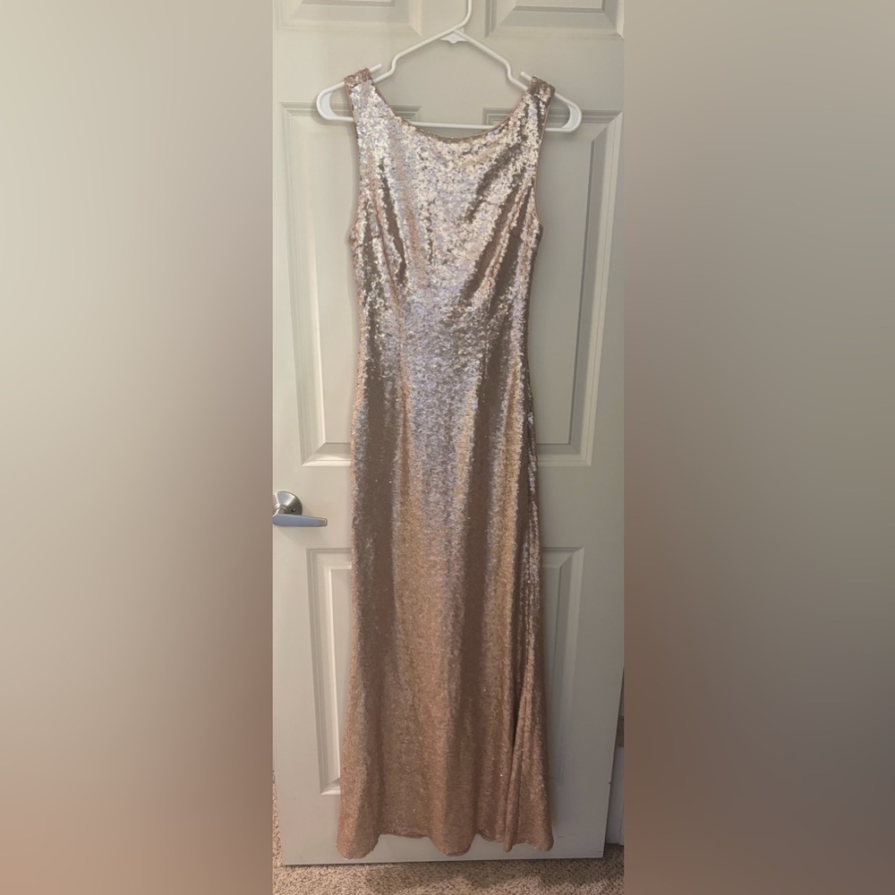 Lulu’s High Neck Cowl Back Maxi Sequin Dress, Gold/Tan, Size S
